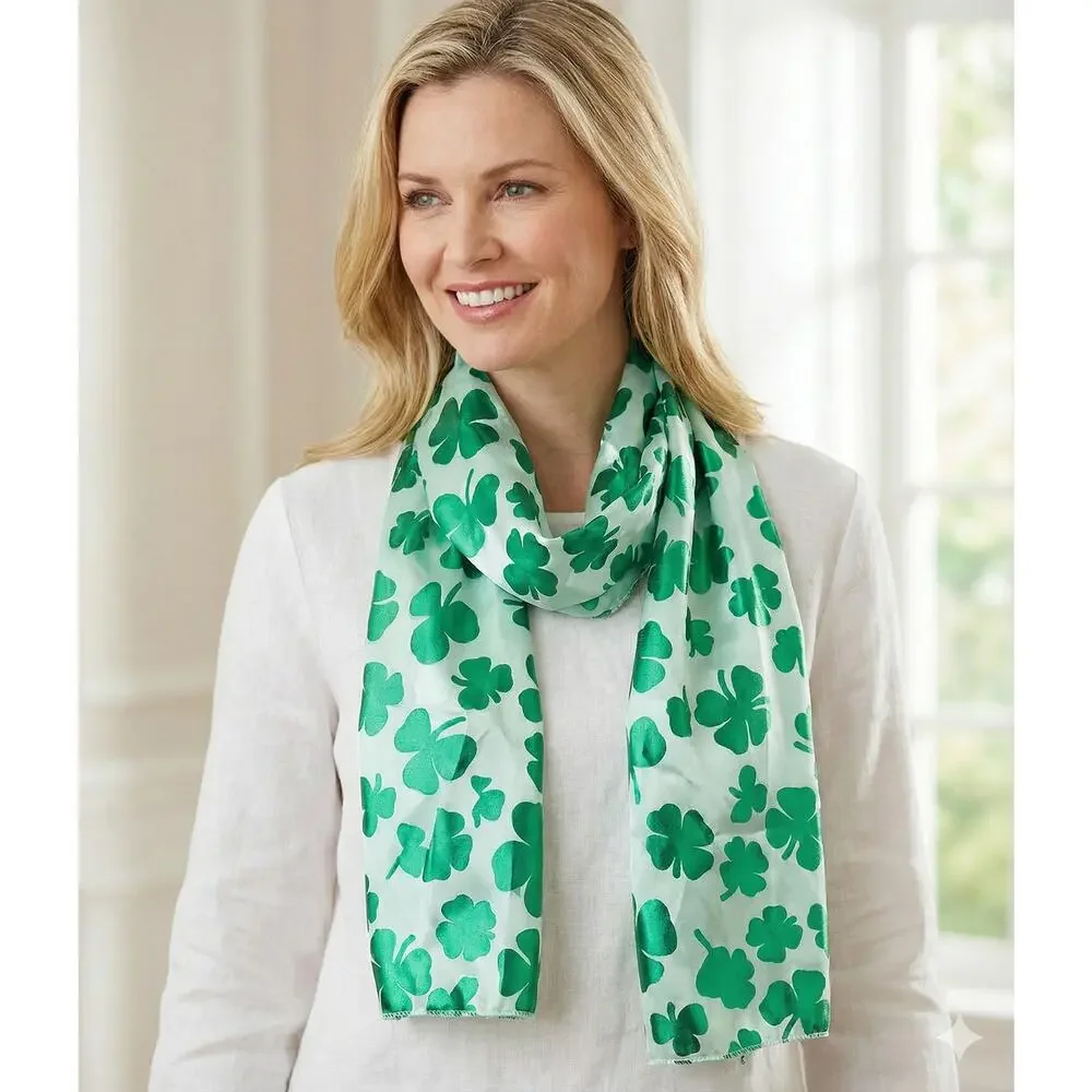 Saint Patrick's Day Shamrock Rectangle Sheer Scarf White Green 8
